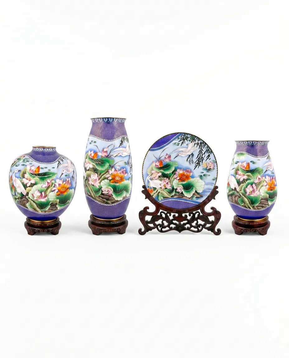 Royal Cloisonne Gold-plated Copper Plate and Vase, Landscape Painting Pattern, Masterpiece by Master Dai Jialin as an exquisite home decor and unique home gifts item