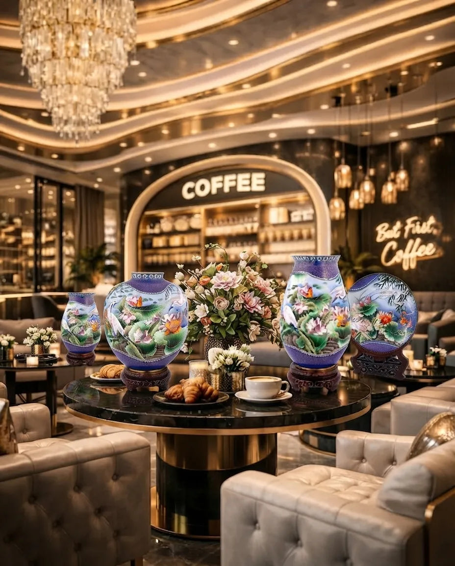 Royal Cloisonne Gold-plated Copper Plate and Vase, Landscape Painting Pattern, Masterpiece by Master Dai Jialin as an exquisite home decor and unique home gifts item