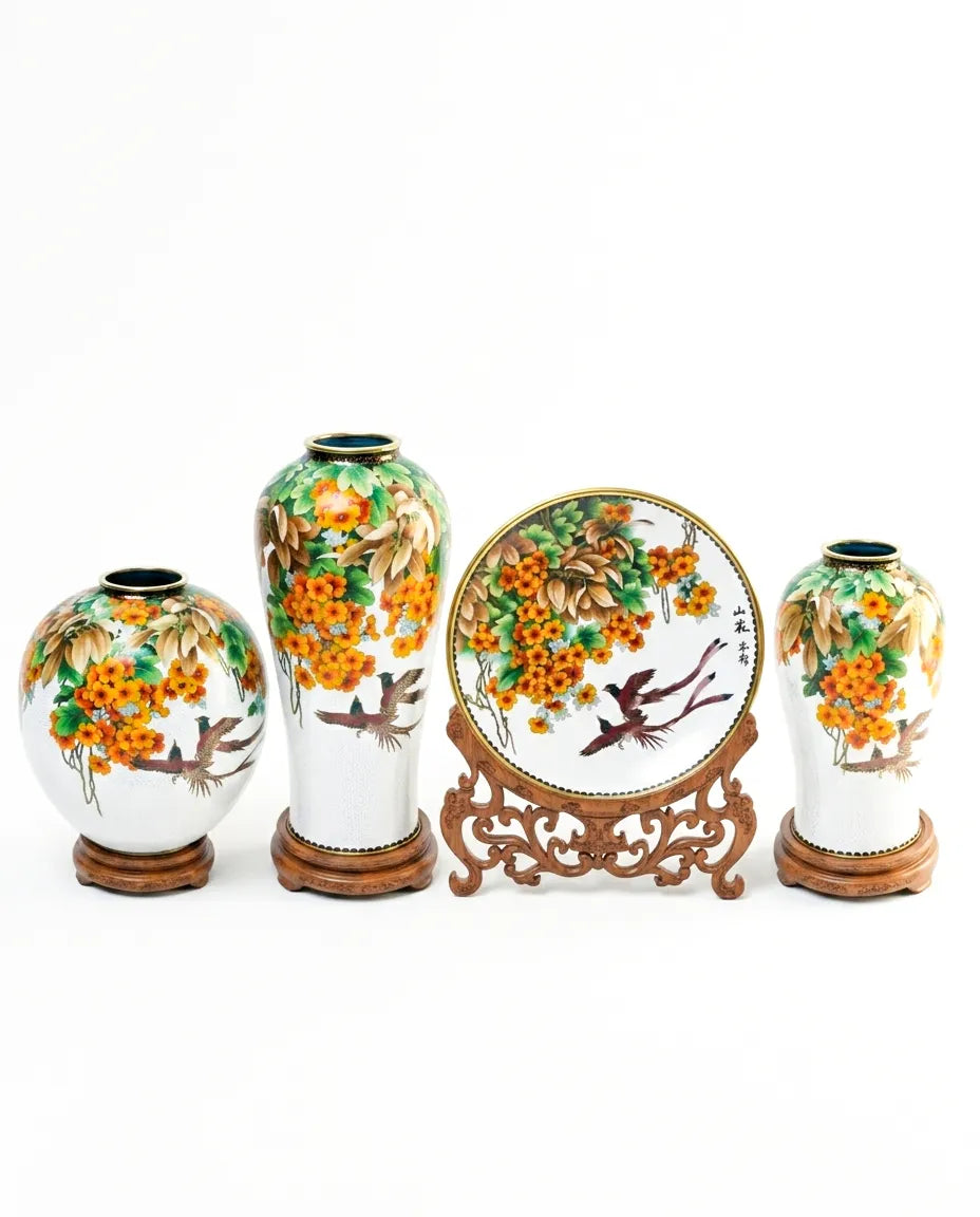 Royal Cloisonne Gold-plated Copper Plate and Vase, Landscape Painting Pattern, Masterpiece by Master Dai Jialin as an exquisite home decor and unique home gifts item
