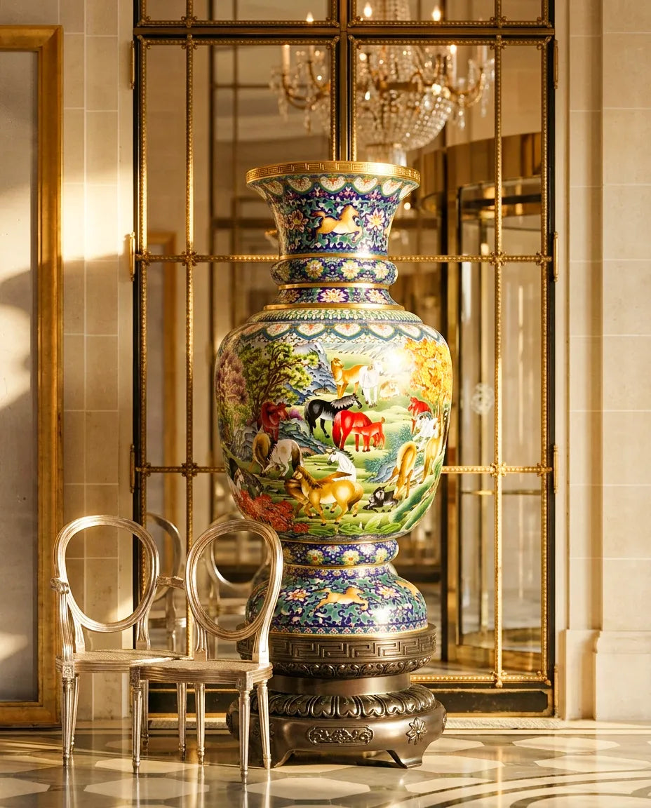 Royal Cloisonne Gold-plated Copper Floor Vase, Green Mountains and Waters Pattern, Masterpiece by Master Dai Jialin as an exquisite office decor and unique home gifts item