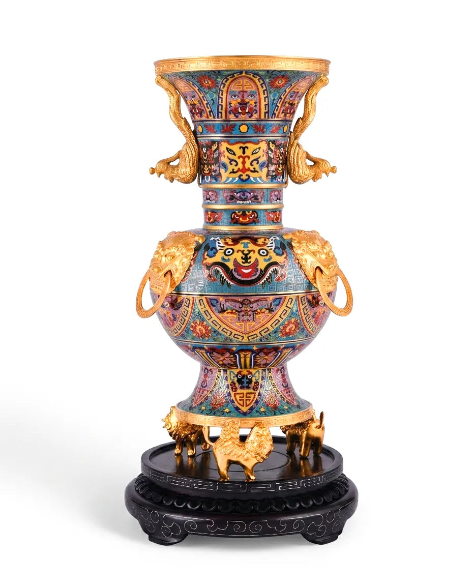 Royal Cloisonne Gold-plated Copper Vase, Auspicious Beasts and Lotus Flower Patterns, Masterpiece by Master Liu Yongsen as an exquisite home decor and unique home gifts item