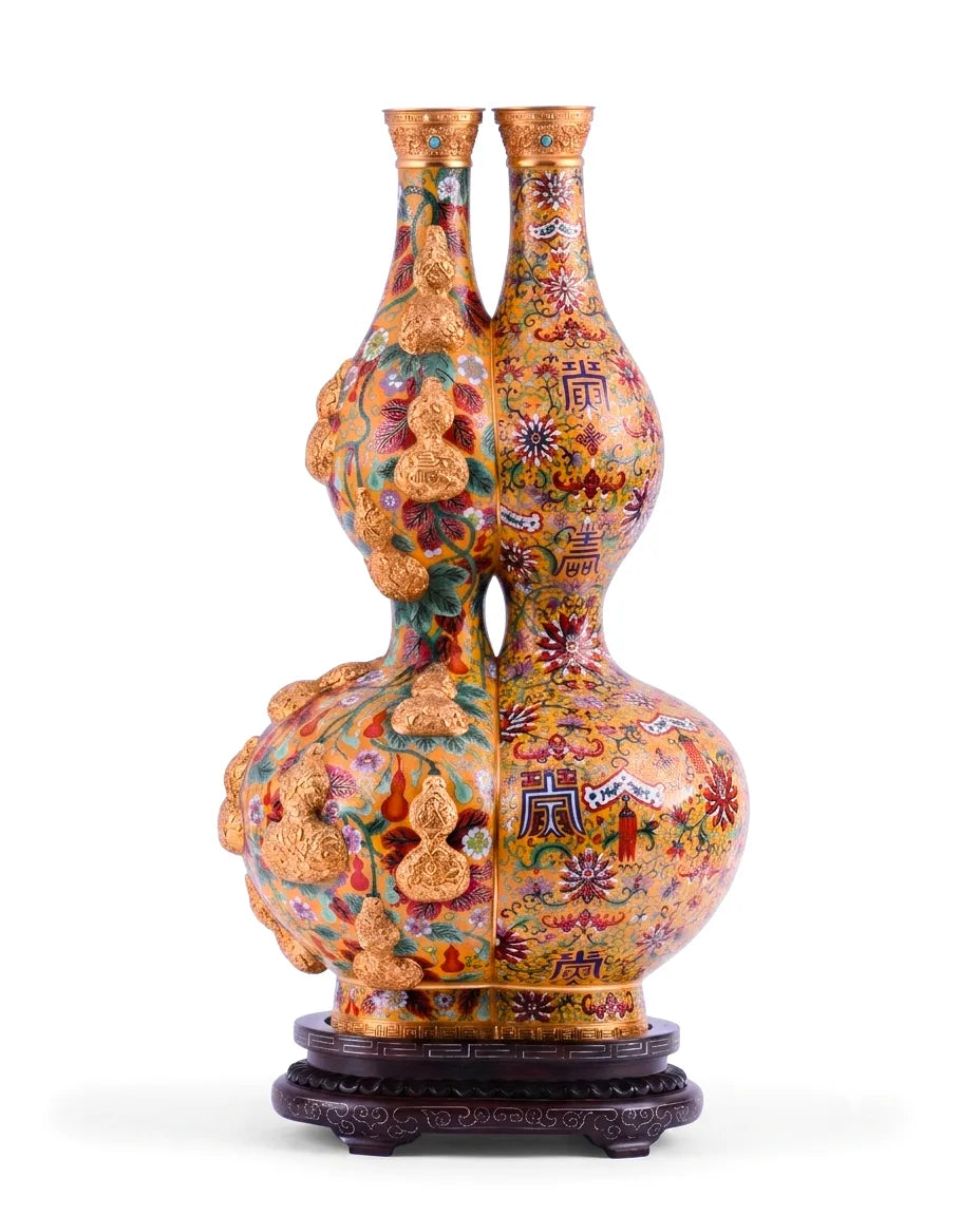 Royal Cloisonne Gold-plated Copper Vase, Double Gourd Modeling, Masterpiece by Master Liu Yongsen as an exquisite home decor and unique home gifts item