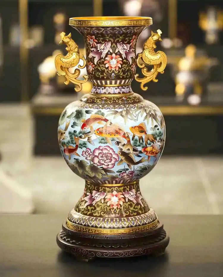Royal Cloisonne Gold-plated Copper Vase, Landscape Painting Pattern, Masterpiece by Master Dai Jialin as an exquisite home decor and unique home gifts item