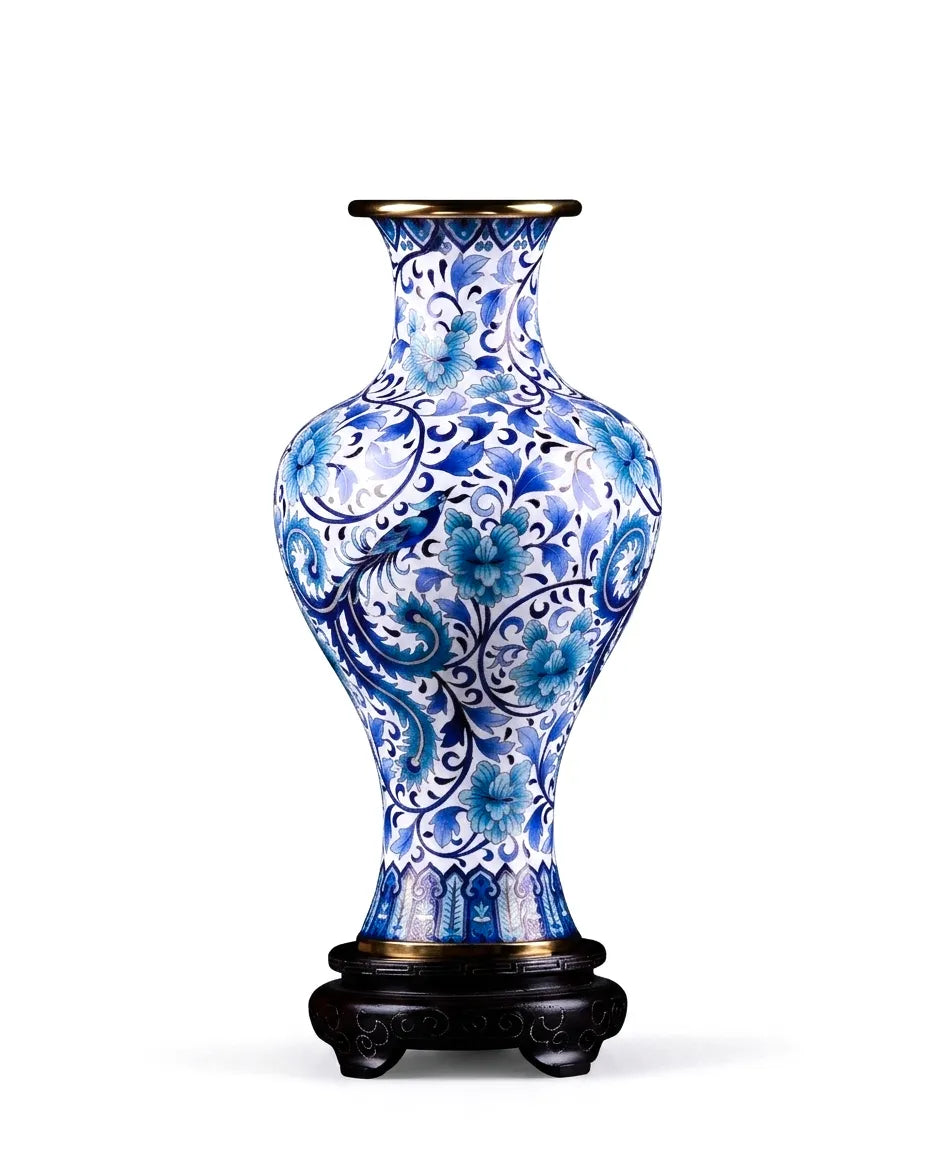 Royal Cloisonne Gold-plated Copper Vase, Blue and White Porcelain Peony Pattern, Masterpiece by Master Ding Minghong as an exquisite home decor and unique home gifts item