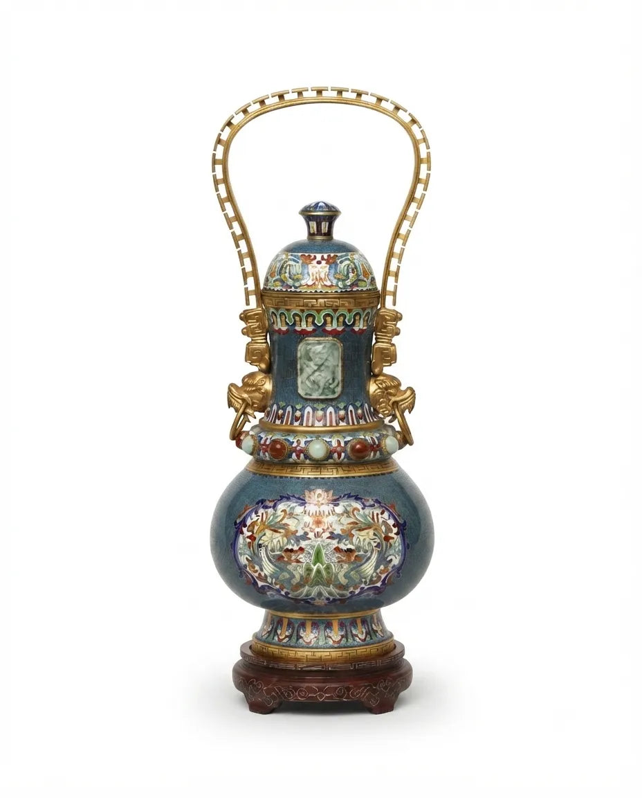 Royal Cloisonne Gold-plated Copper Vase, Structure Beauty Meander Patterns, Masterpiece by Master Zhang Tonglu as an exquisite home decor and unique home gifts item