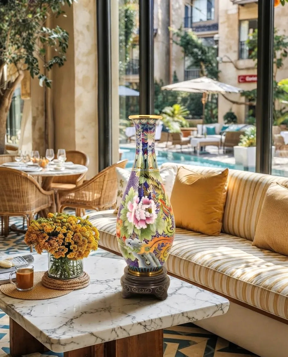 Royal Cloisonne Gold-plated Copper Vase, Phoenix and Peony Pattern, Masterpiece by Master Ding Minghong as an exquisite home decor and unique home gifts item