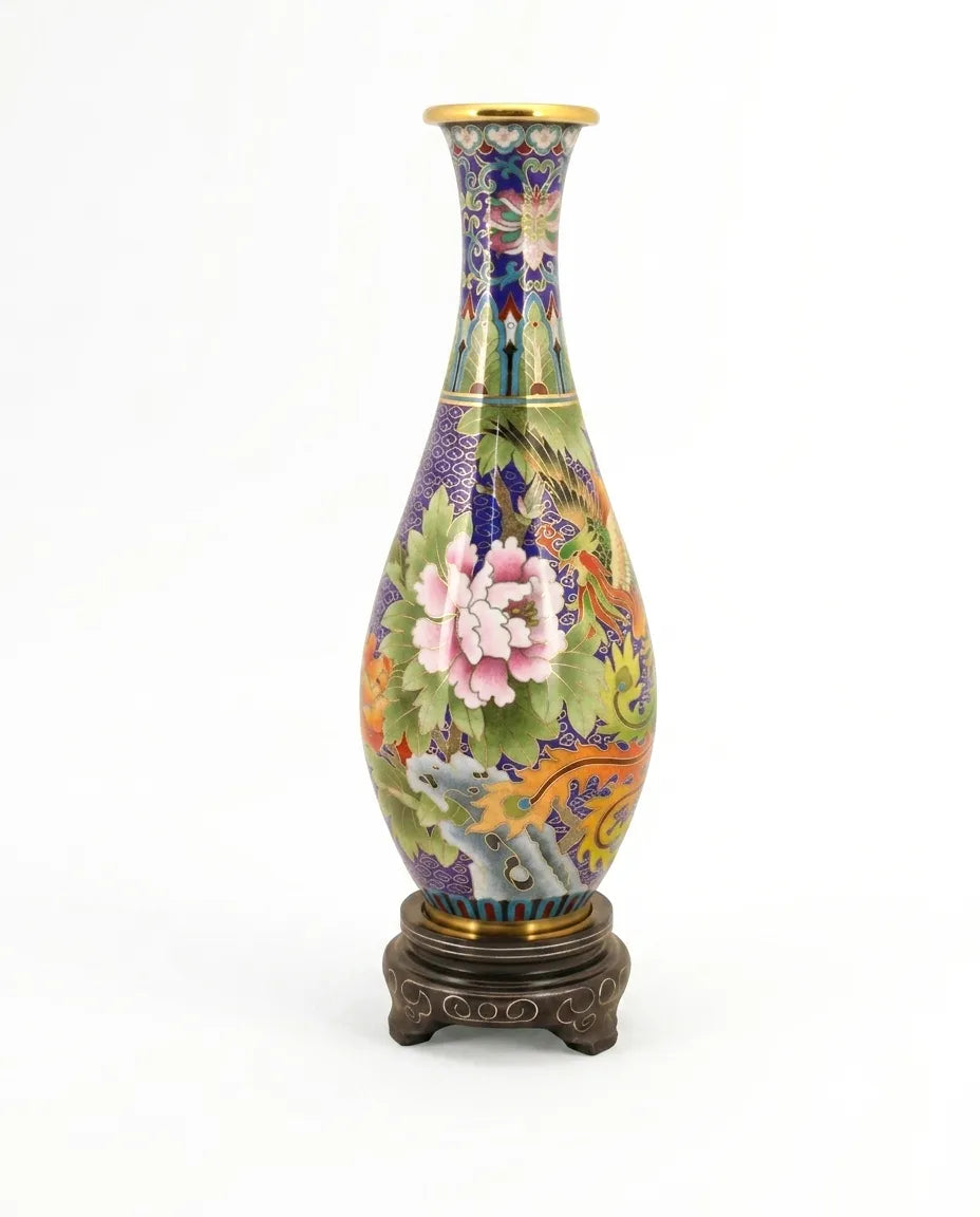Royal Cloisonne Gold-plated Copper Vase, Phoenix and Peony Pattern, Masterpiece by Master Ding Minghong as an exquisite home decor and unique home gifts item