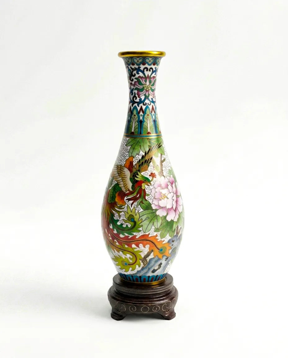 Royal Cloisonne Gold-plated Copper Vase, Phoenix and Peony Pattern, Masterpiece by Master Ding Minghong as an exquisite home decor and unique home gifts item
