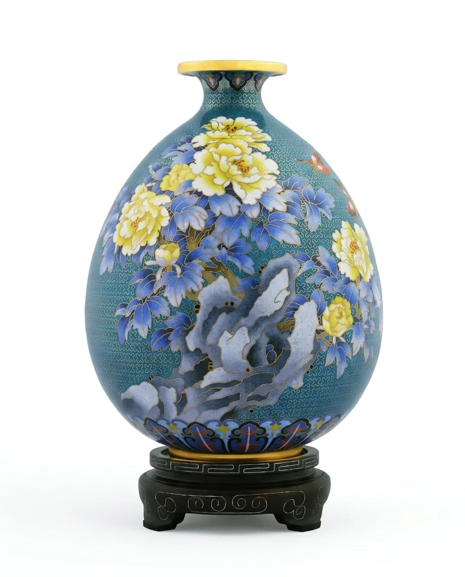 Royal Cloisonne Gold-plated Copper Vase, Blooming Peony Pattern, Masterpiece by Master Dai Jialin as an exquisite home decor and unique home gifts item