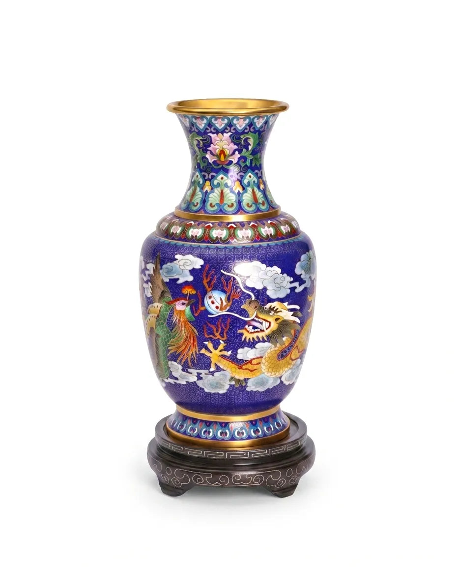 Royal Cloisonne Gold-plated Copper Vase, Dragon and Phoenix Pattern, Masterpiece by Master Ding Minghong as an exquisite home decor and unique home gifts item