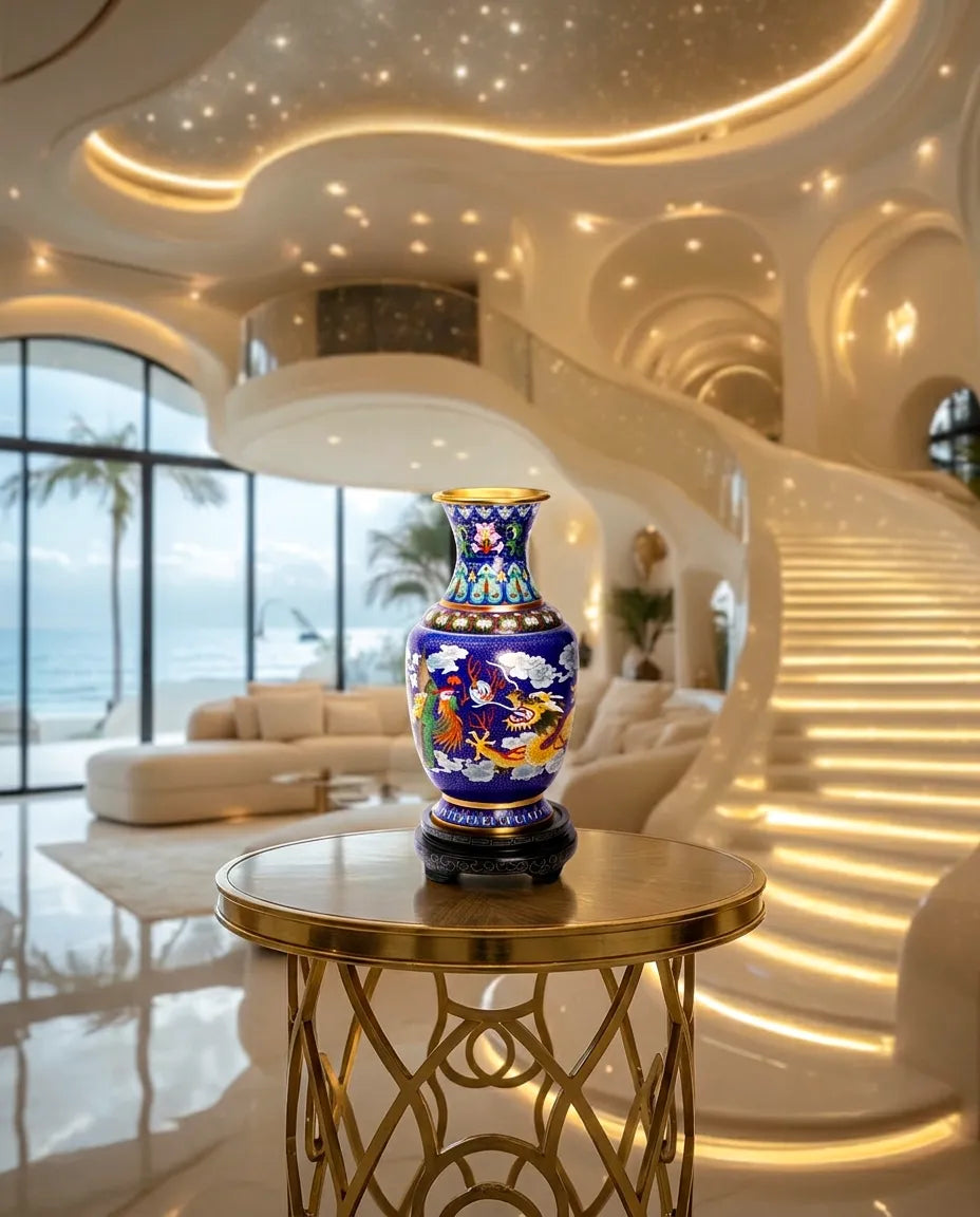 Royal Cloisonne Gold-plated Copper Vase, Dragon and Phoenix Pattern, Masterpiece by Master Ding Minghong as an exquisite home decor and unique home gifts item