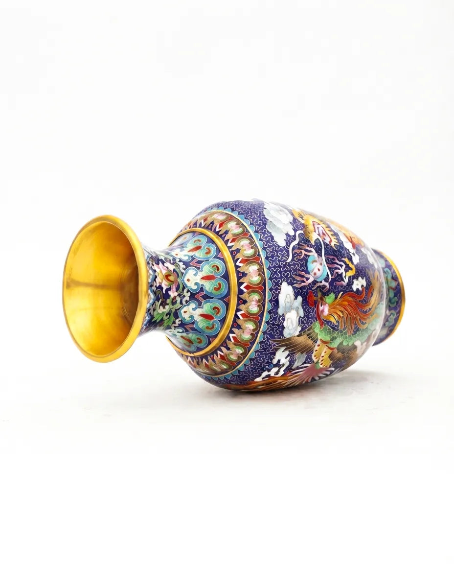 Royal Cloisonne Gold-plated Copper Vase, Dragon and Phoenix Pattern, Masterpiece by Master Ding Minghong as an exquisite home decor and unique home gifts item