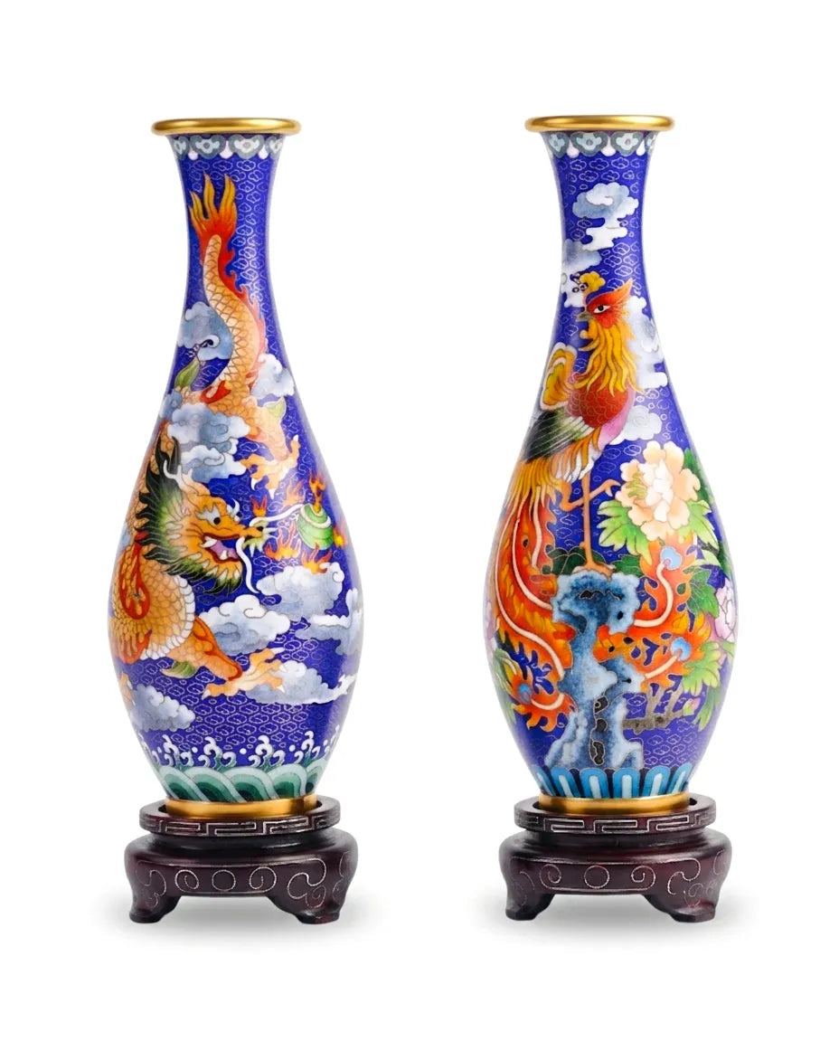 Royal Cloisonne Gold-plated Copper Vase, A Pair of Dragon and Phoenix Pattern, Masterpiece by Master Ding Minghong as an exquisite home decor and unique home gifts item