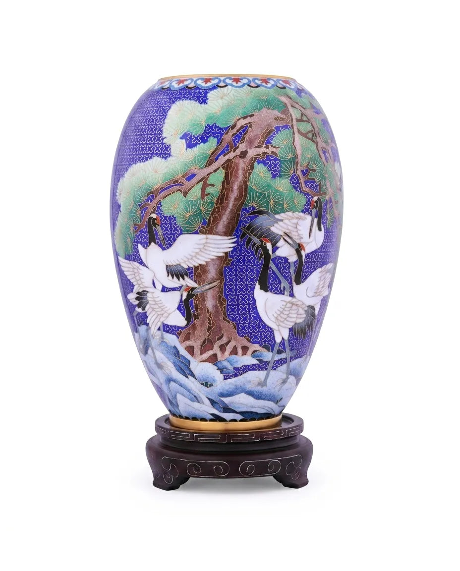 Royal Cloisonne Gold-plated Copper Vase, Crane Standing Pine Pattern, Masterpiece by Master Ding Minghong as an exquisite home decor and unique home gifts item