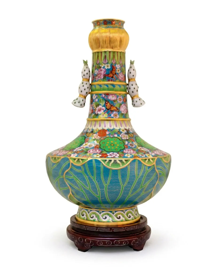 Royal Cloisonne Gold-plated Copper Vase, Lotus and Butterfly Pattern, Masterpiece by Master Liu Yongsen as an exquisite home decor and unique home gifts item
