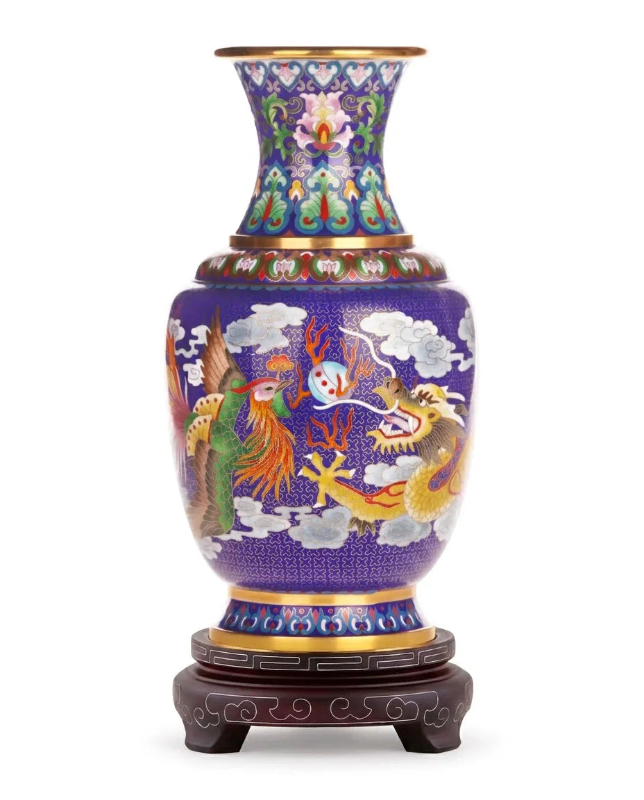 Royal Cloisonne Gold-plated Copper Vase, Dragon and Phoenix Pattern, Masterpiece by Master Wang Shuying as an exquisite home decor and unique home gifts item