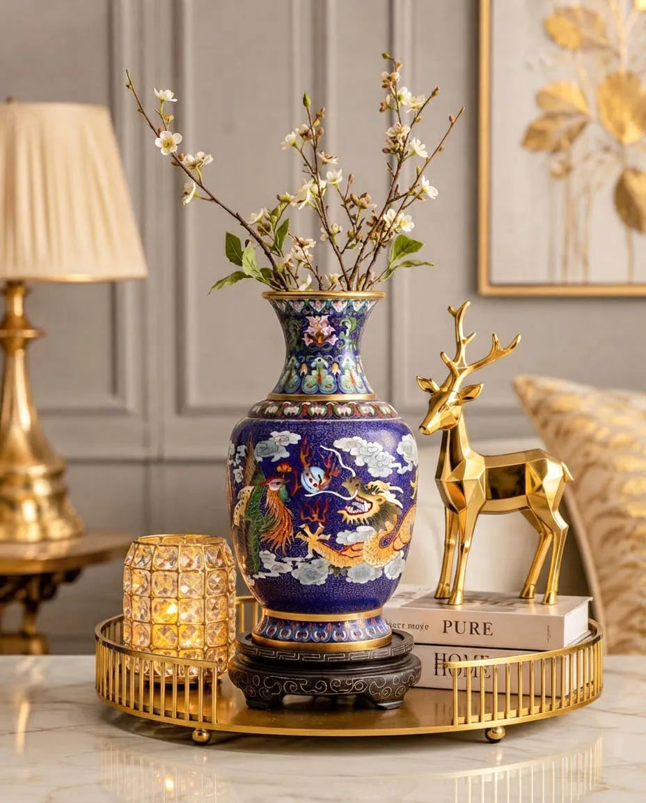 Royal Cloisonne Gold-plated Copper Vase, Dragon and Phoenix Pattern, Masterpiece by Master Wang Shuying as an exquisite home decor and unique home gifts item