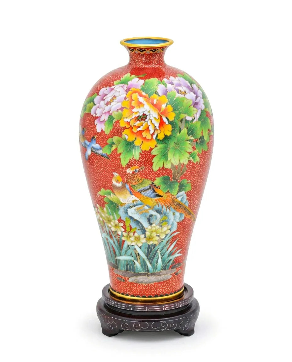 Royal Cloisonne Gold-plated Copper Vase, Flower and Bird Pattern, Masterpiece by Master Ding Minghong as an exquisite home decor and unique home gifts item
