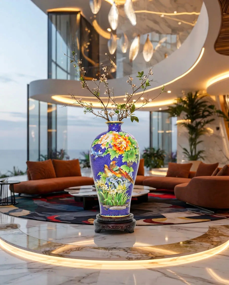 Royal Cloisonne Gold-plated Copper Vase, Flower and Bird Pattern, Masterpiece by Master Ding Minghong as an exquisite home decor and unique home gifts item