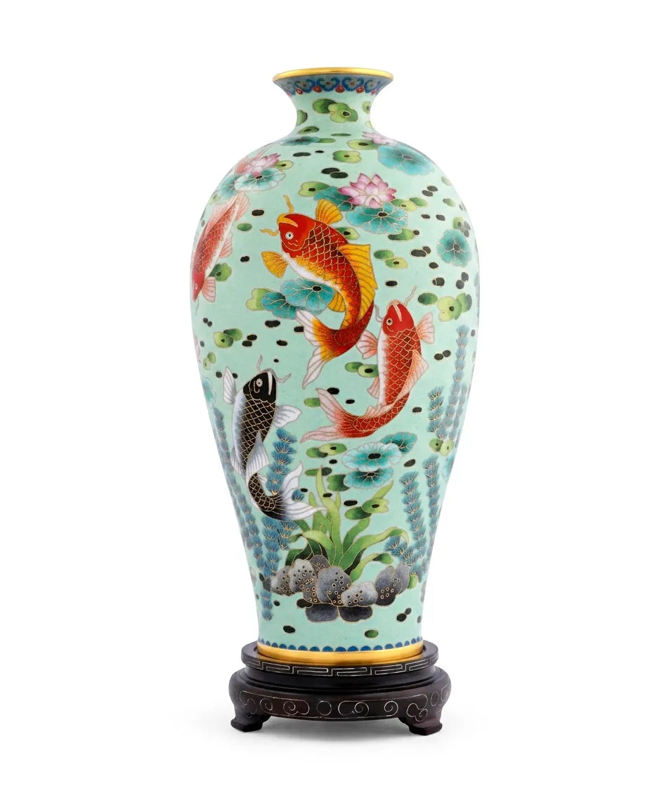 Royal Cloisonne Gold-plated Copper Vase, Fish Swimming Pattern, Masterpiece by Master Ding Minghong as an exquisite home decor and unique home gifts item