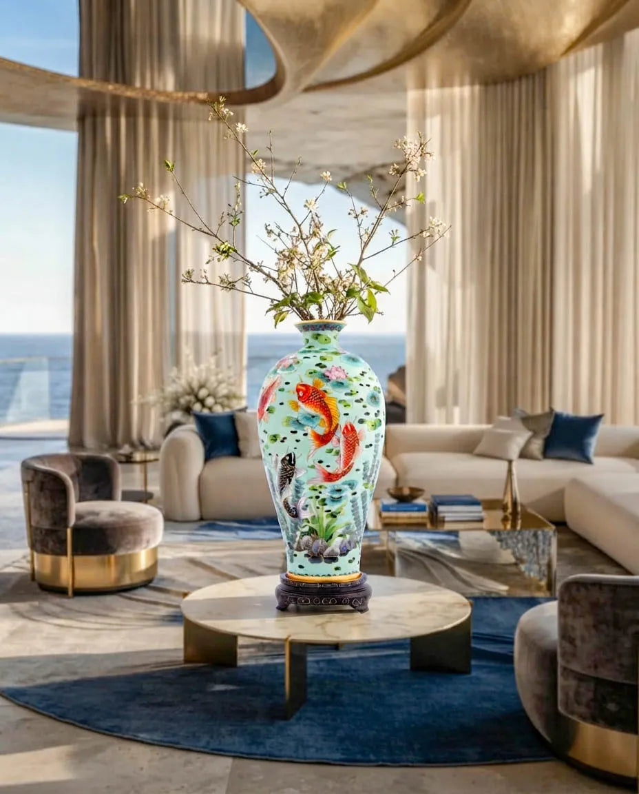 Royal Cloisonne Gold-plated Copper Vase, Fish Swimming Pattern, Masterpiece by Master Ding Minghong as an exquisite home decor and unique home gifts item