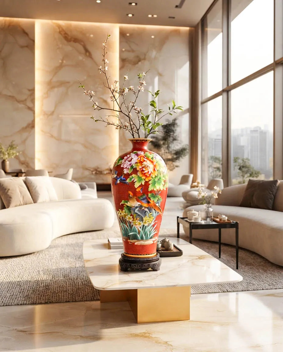 Royal Cloisonne Gold-plated Copper Vase, Flower and Bird Pattern, Masterpiece by Master Ding Minghong as an exquisite home decor and unique home gifts item