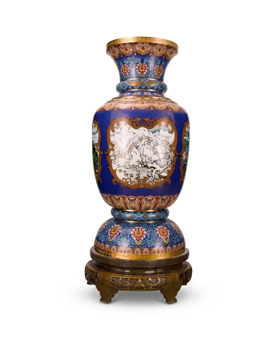 Royal Cloisonne Gold-plated Copper Floor Vase, Eight Views of Yanjing Pattern, Masterpiece by Master Dai Jialin as an exquisite office decor and unique home gifts item