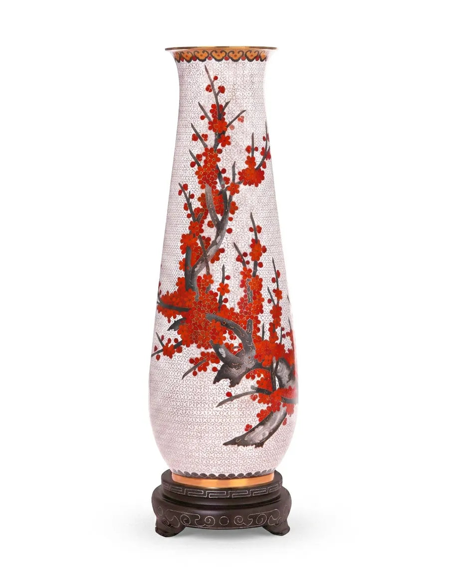 Royal Cloisonne Gold-plated Copper Vase, Red Plum Pillar Pattern, Masterpiece by Master Ding Minghong as an exquisite home decor and unique home gifts item