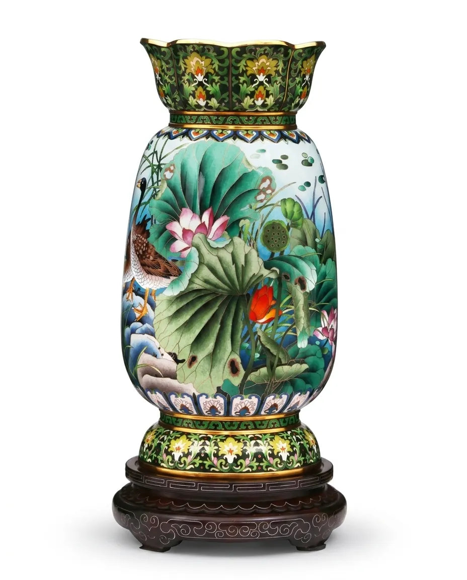 Royal Cloisonne Gold-plated Copper Vase, Lotus Pattern, Masterpiece by Master Dai Jialin as an exquisite home decor and unique home gifts item