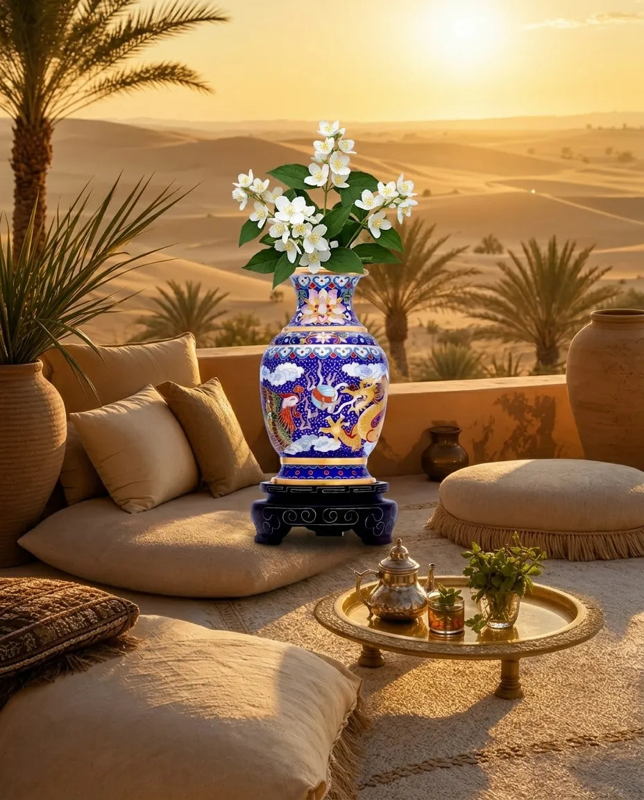 Royal Cloisonne Gold-plated Copper Vase, Dragon and Phoenix Pattern, Masterpiece by Master Wang Shuying as an exquisite home decor and unique home gifts item