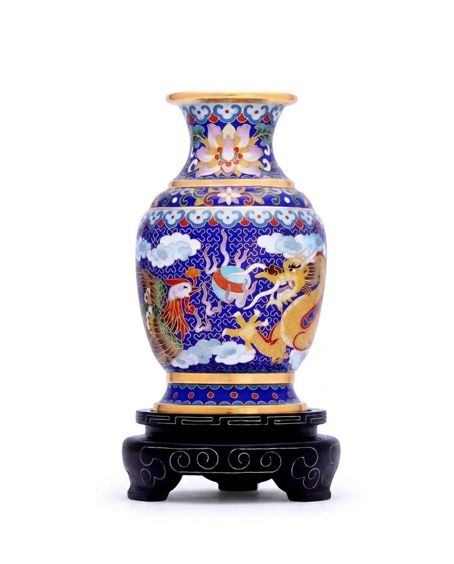 Royal Cloisonne Gold-plated Copper Vase, Dragon and Phoenix Pattern, Masterpiece by Master Wang Shuying as an exquisite home decor and unique home gifts item