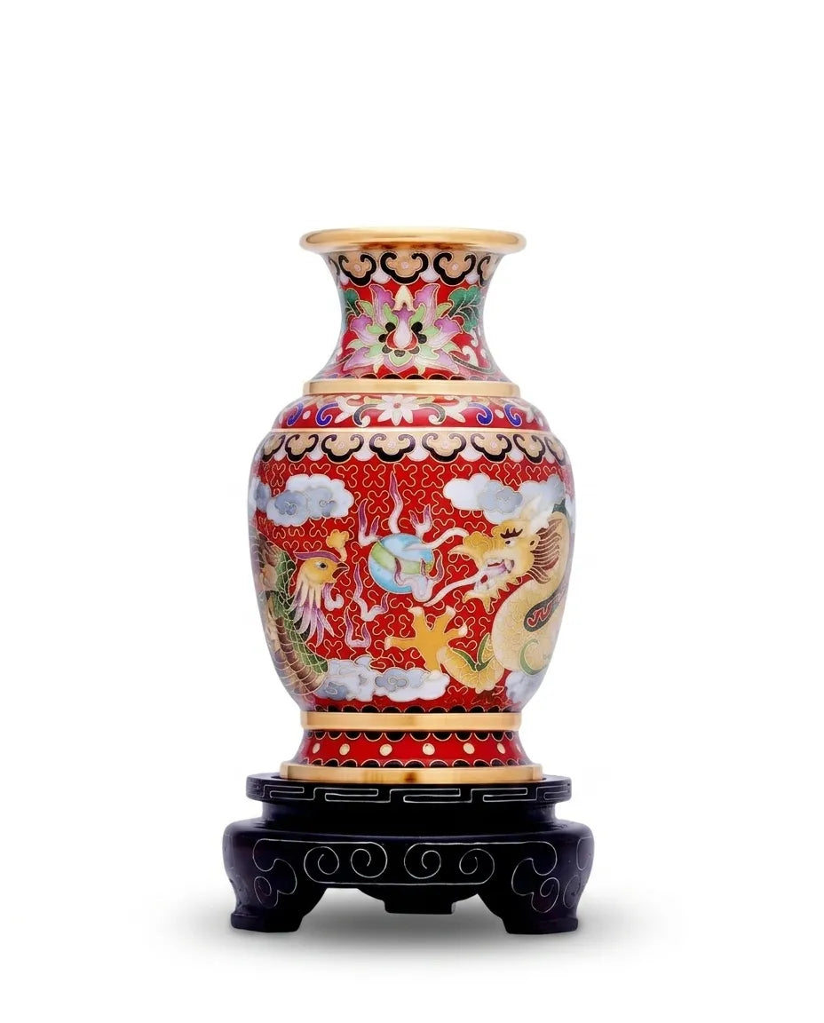 Royal Cloisonne Gold-plated Copper Vase, Dragon and Phoenix Pattern, Masterpiece by Master Wang Shuying as an exquisite home decor and unique home gifts item