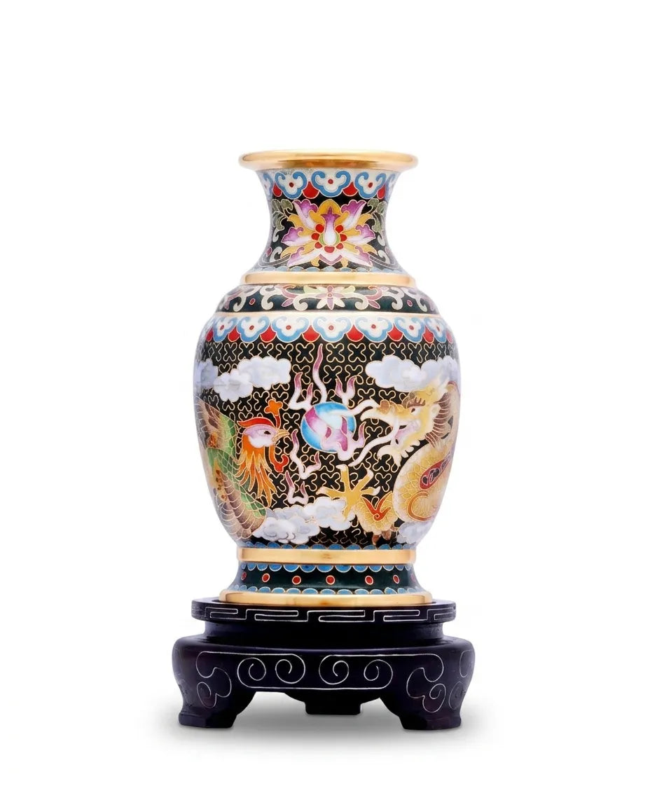 Royal Cloisonne Gold-plated Copper Vase, Dragon and Phoenix Pattern, Masterpiece by Master Wang Shuying as an exquisite home decor and unique home gifts item