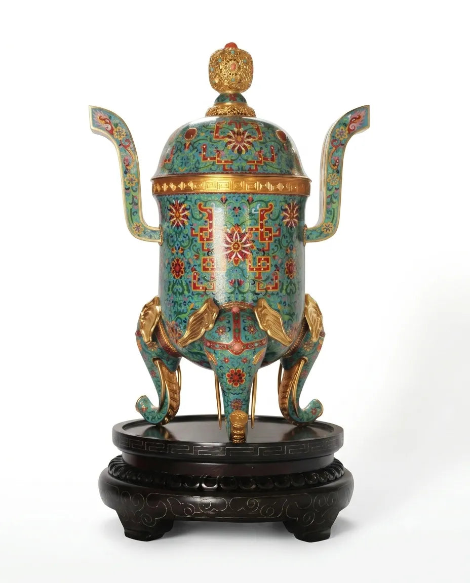 Royal Cloisonne Gold-plated Copper Oud Burner, Lotus Flower and Vine Pattern, Masterpiece by Master Liu Yongsen as an exquisite home decor and unique home gifts item
