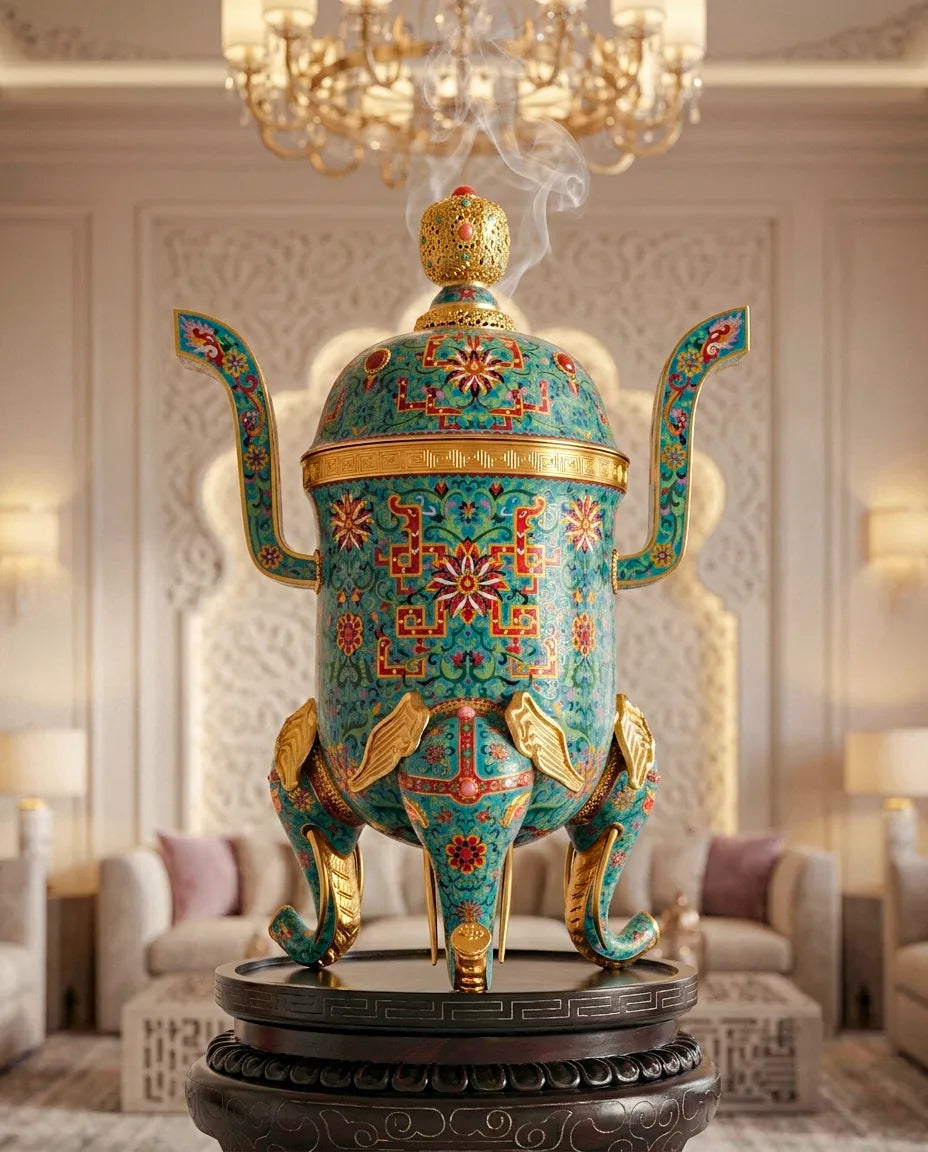 Royal Cloisonne Gold-plated Copper Oud Burner, Lotus Flower and Vine Pattern, Masterpiece by Master Liu Yongsen as an exquisite home decor and unique home gifts item